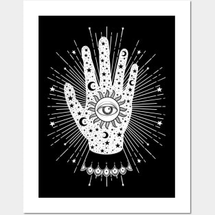 Palmistry Palm with All Seeing Eye, Sun, Moon and Stars in White Posters and Art